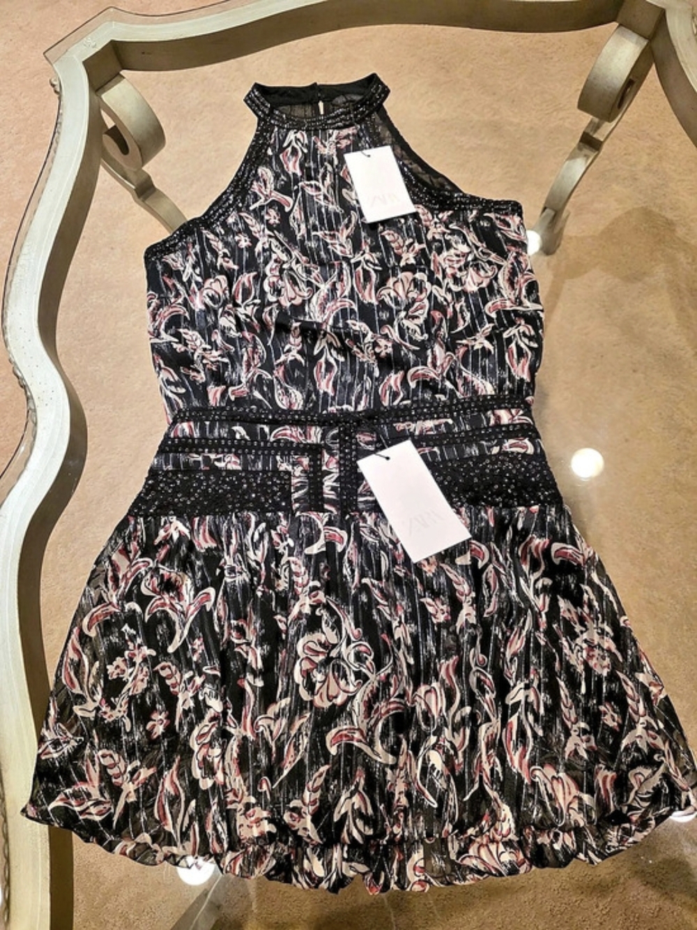 ZARA Paisley Set Mini Skirt And Top  in Black & Pink Size Small NWT